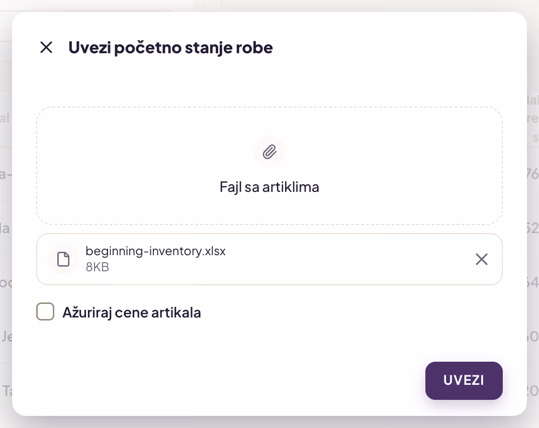 Prozor Uvezi početno stanje robe sa izabranim fajlom beginning-inventory.xlsx, opcijom Ažuriraj cene artikala i dugmetom UVEZI