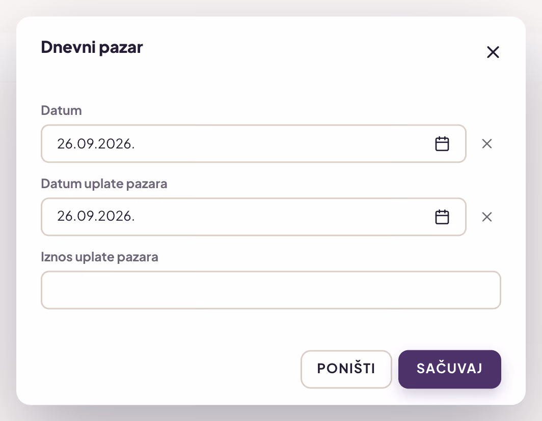 Prozor Dnevni pazar sa poljima Datum, Datum uplate pazara i Iznos uplate pazara