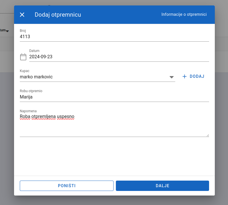 First part of add delivery-out note form