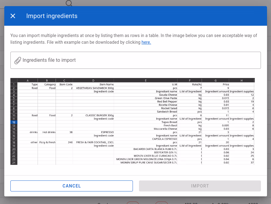 Import ingredients