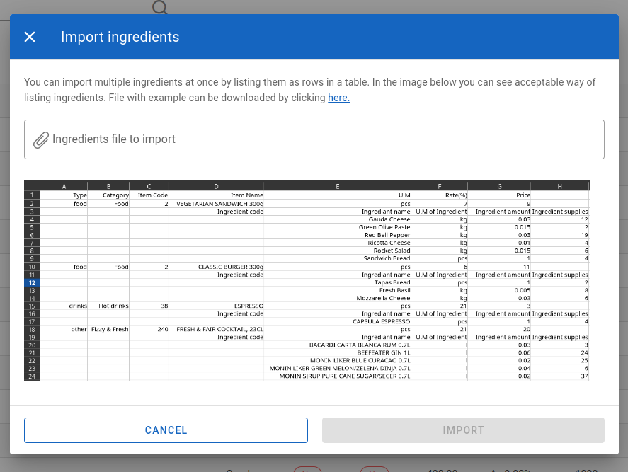 Import ingredients