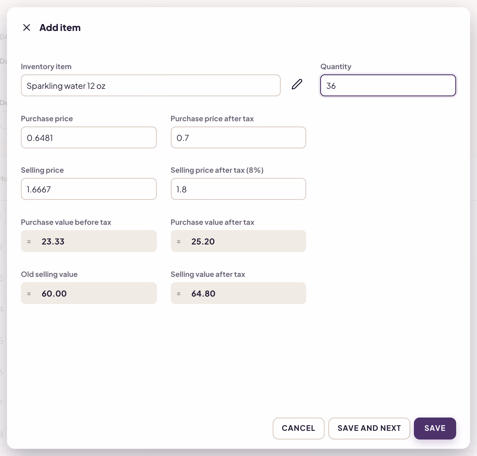 Add item window: Sparkling water 12 oz chosen, quantity 36, purchase and selling prices before and after tax, and the calculated values