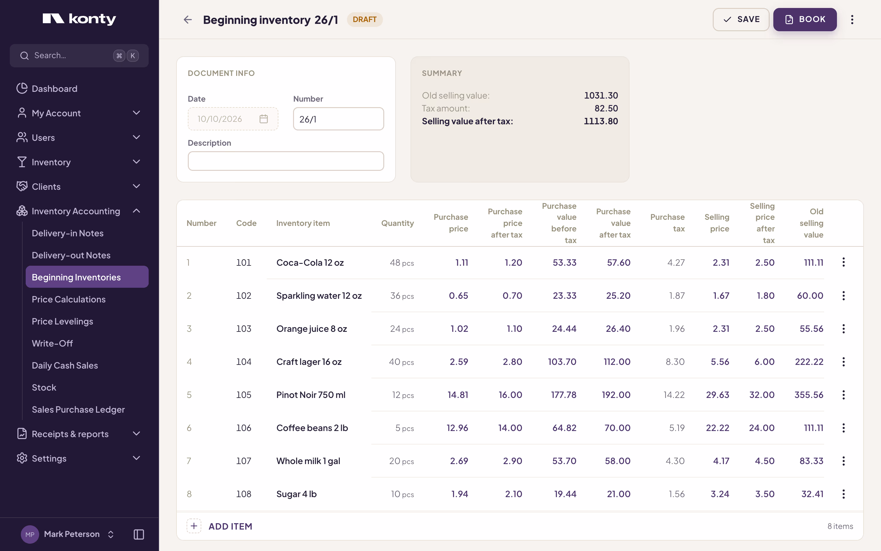Beginning inventory 26/1 in DRAFT status with eight items, the summary values and the SAVE and BOOK buttons