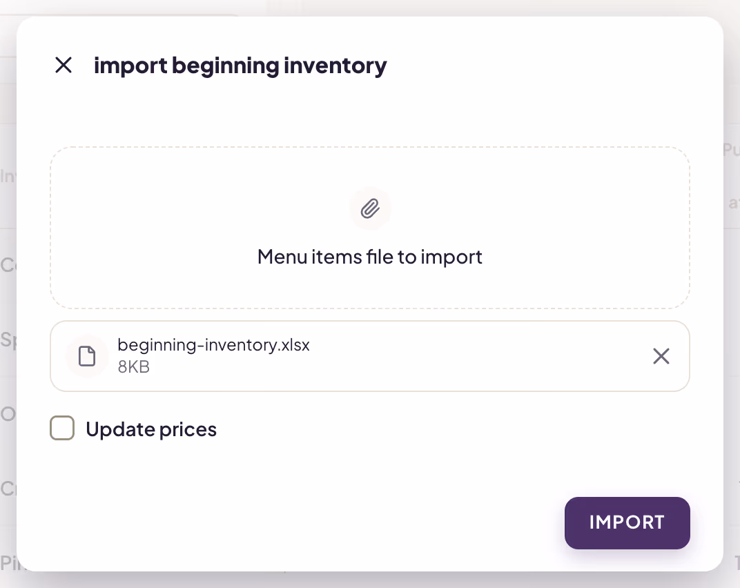 Import window with the chosen file beginning-inventory.xlsx, the Update prices option and the IMPORT button