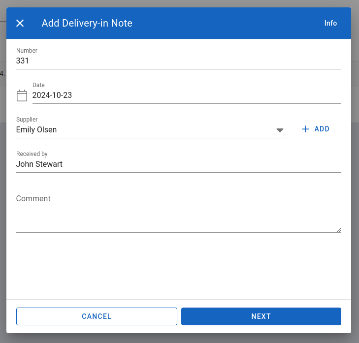 First part of add delivery-in note form