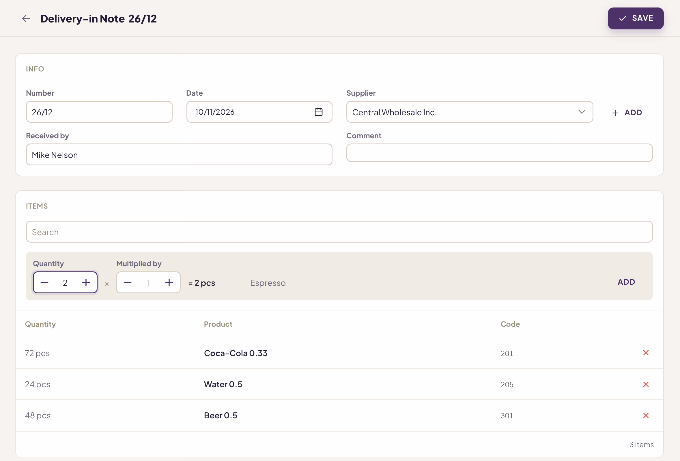 Delivery-in Note page with the number, date, supplier and receiver, the item entry bar and three items in the table