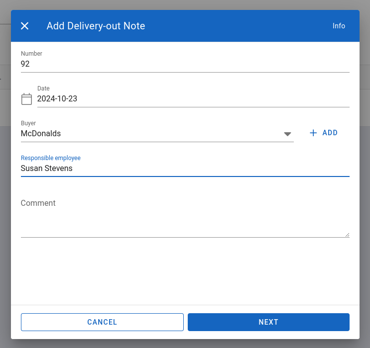 First part of add delivery-out note form