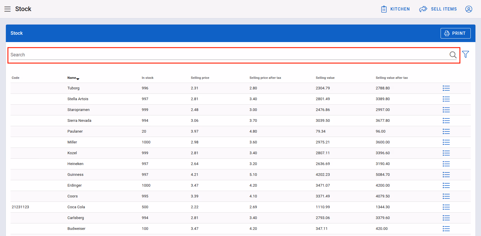 Stock search filter
