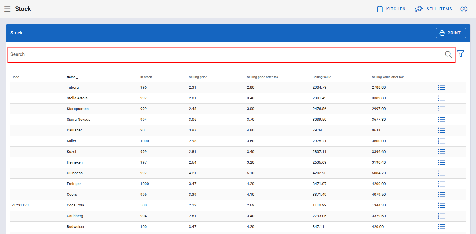 Stock search filter