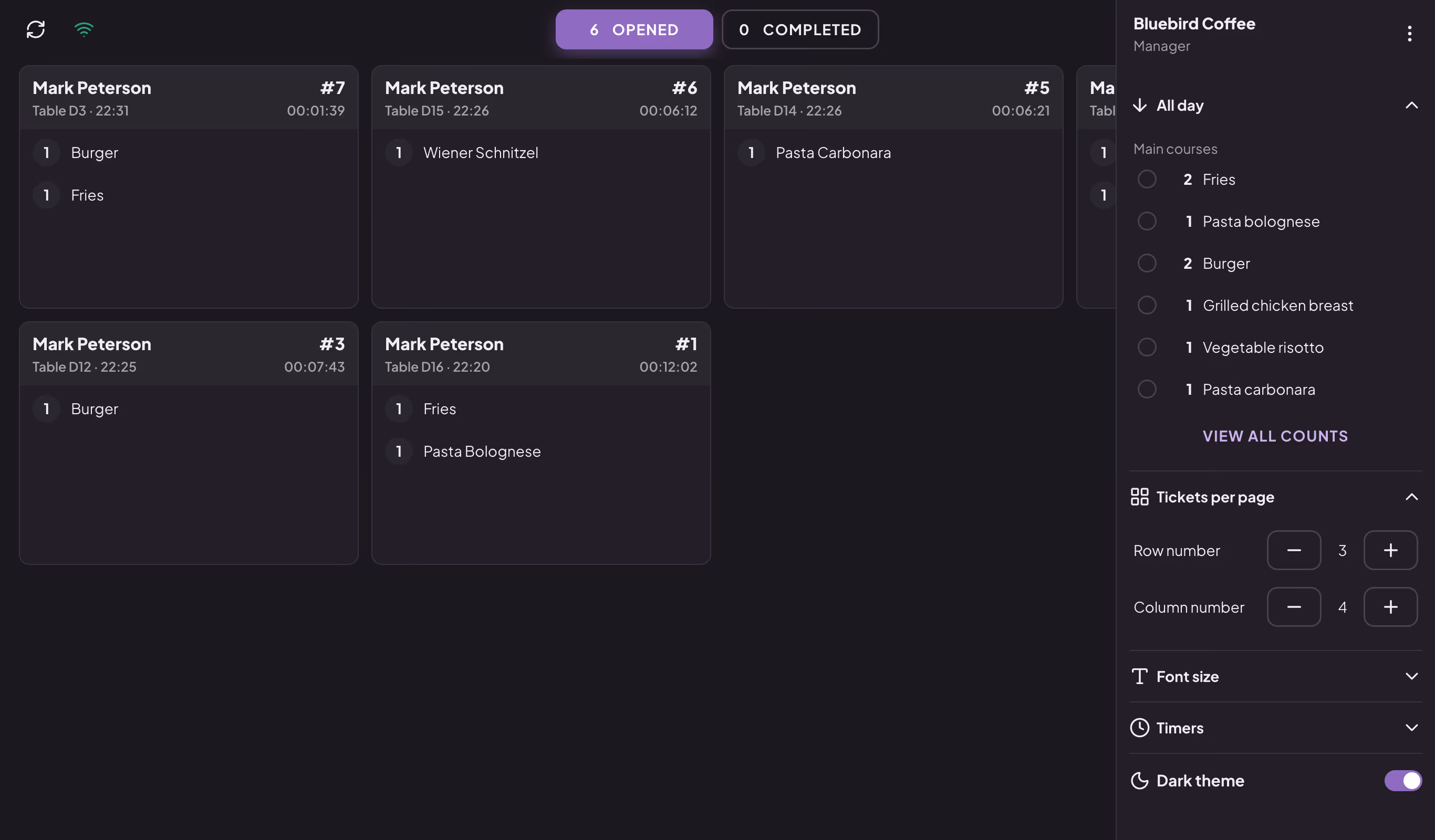 Side menu of the kitchen screen with the All day, Tickets per page, Font size, Timers and Dark theme sections