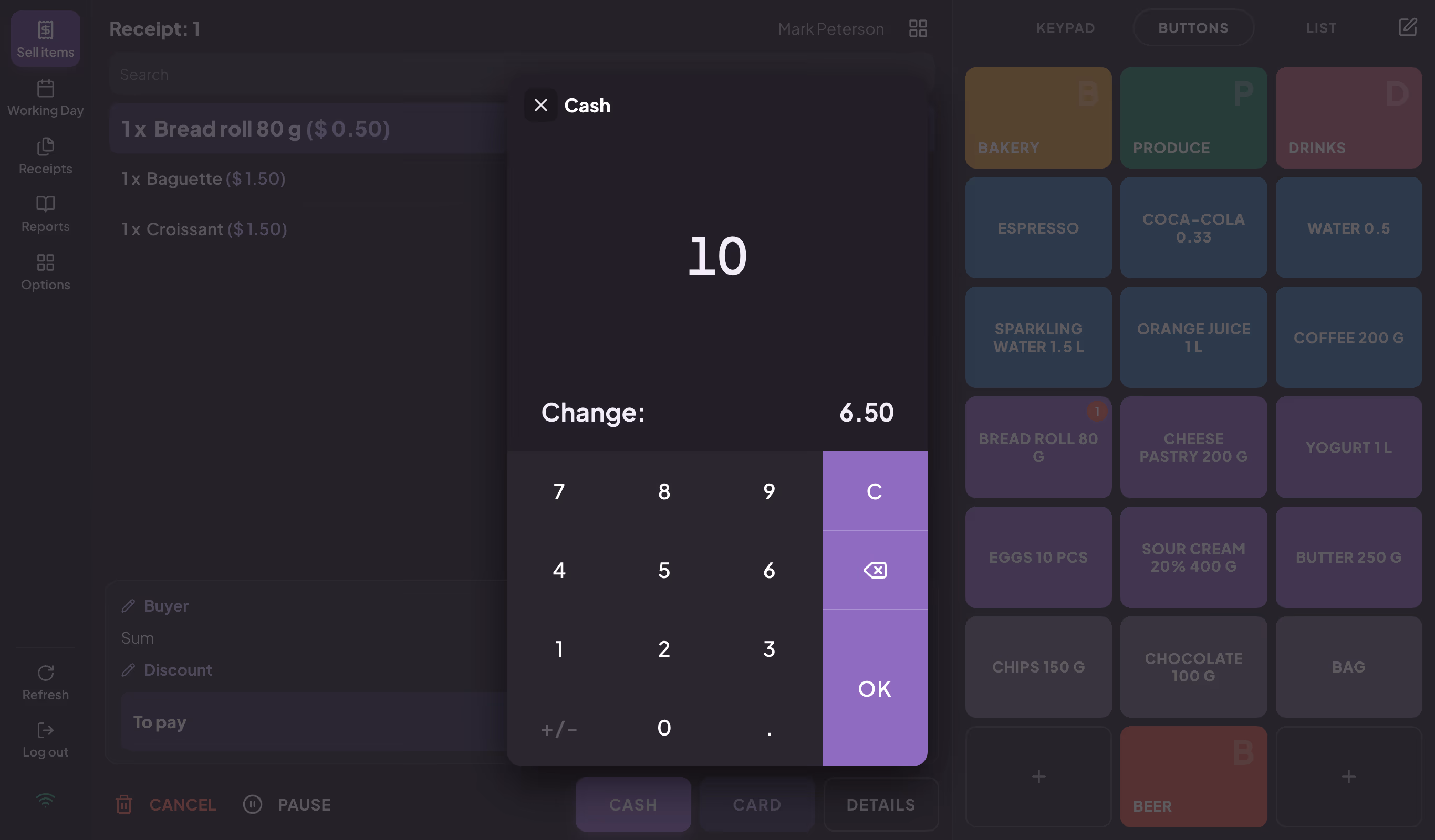 Cash window with the amount received entered and the calculated change