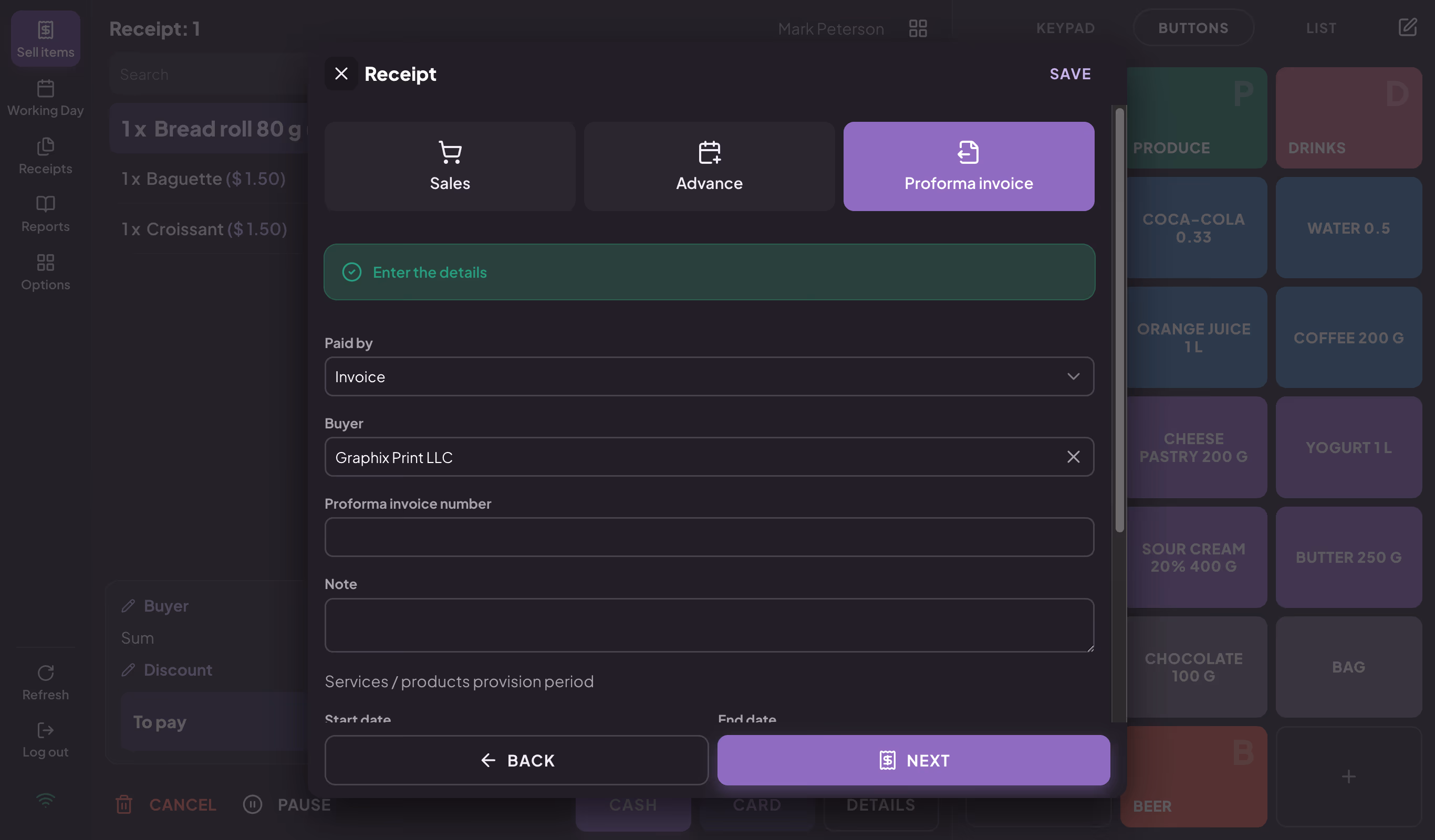Receipt window on the Proforma invoice tab with the Buyer and Proforma invoice number fields