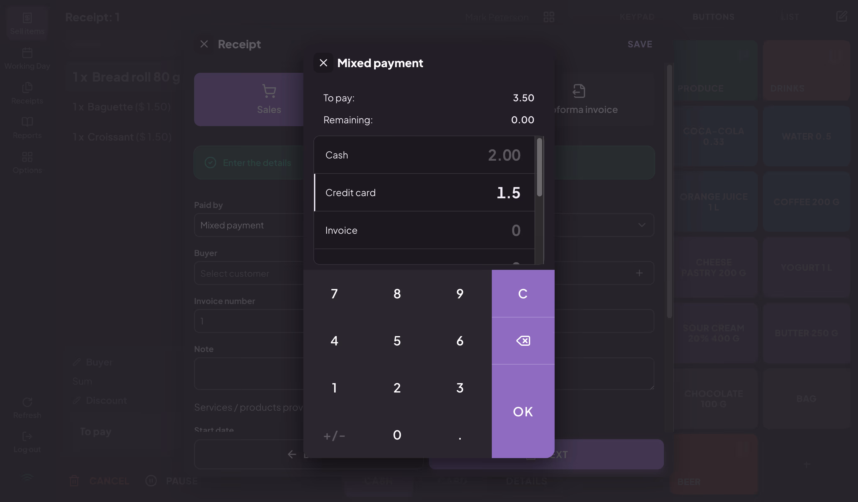 Mixed payment window with amounts for cash and credit card and the To pay and Remaining rows