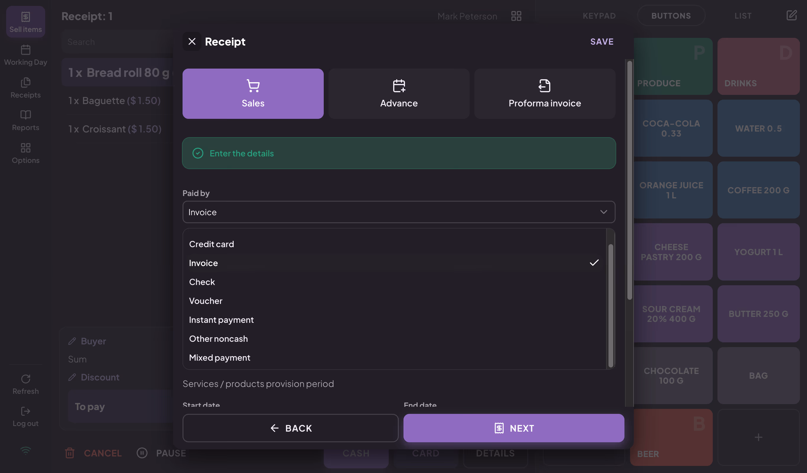 Open Paid by list with all payment methods, including Mixed payment