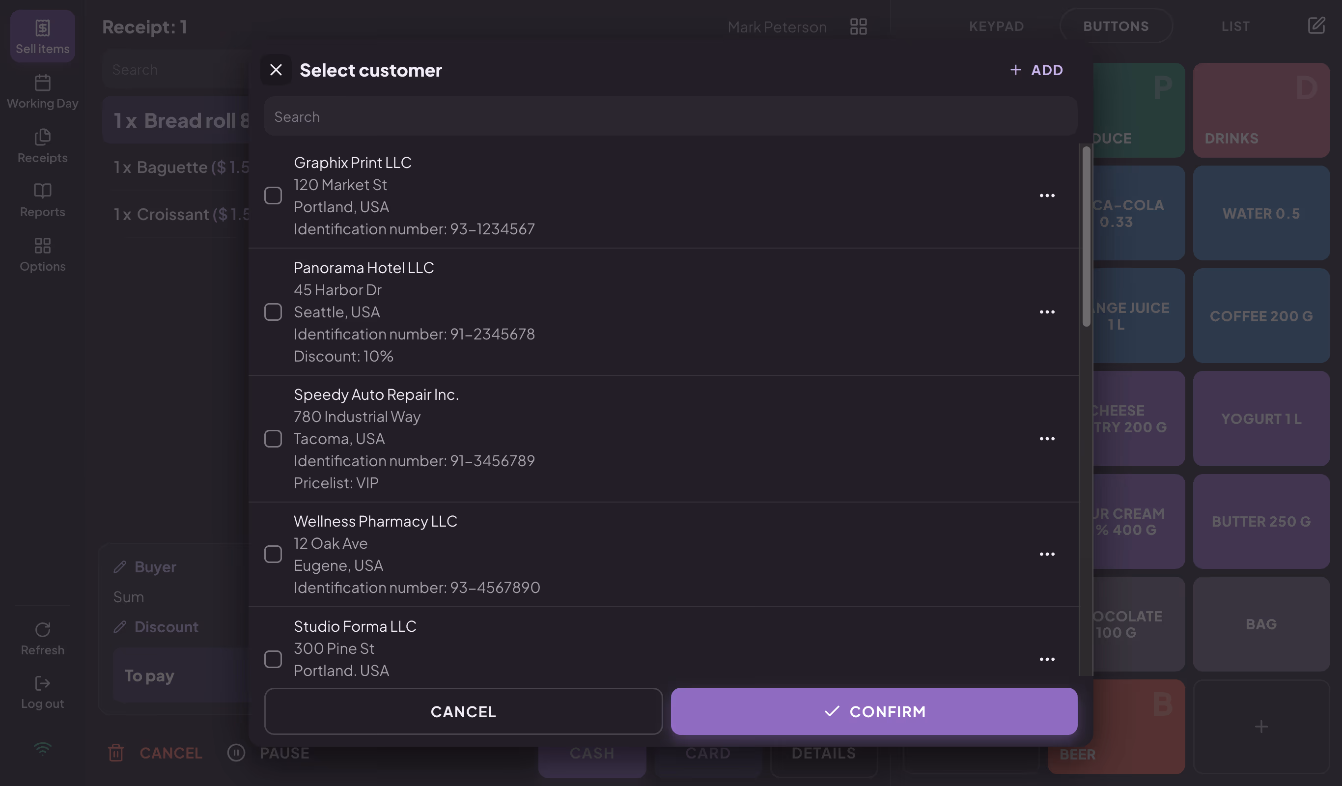 Select customer window with the Search field, the Add button and the list of buyers