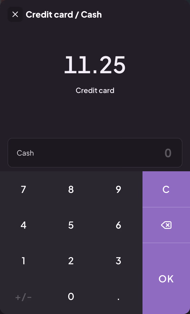 Credit card / Cash window with the amount split between card and cash