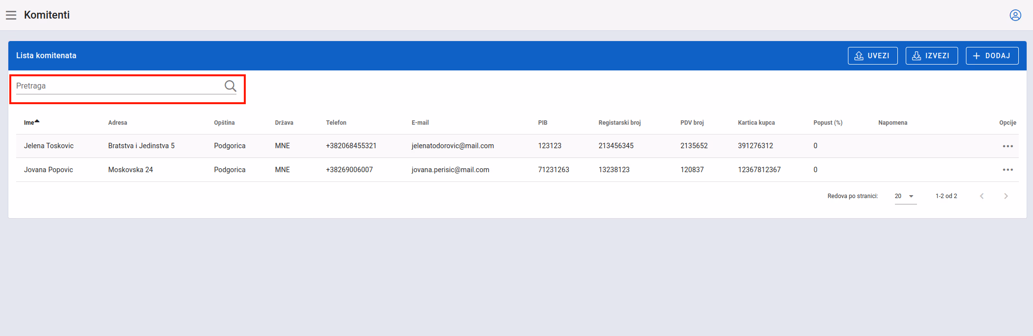 Search clients filter