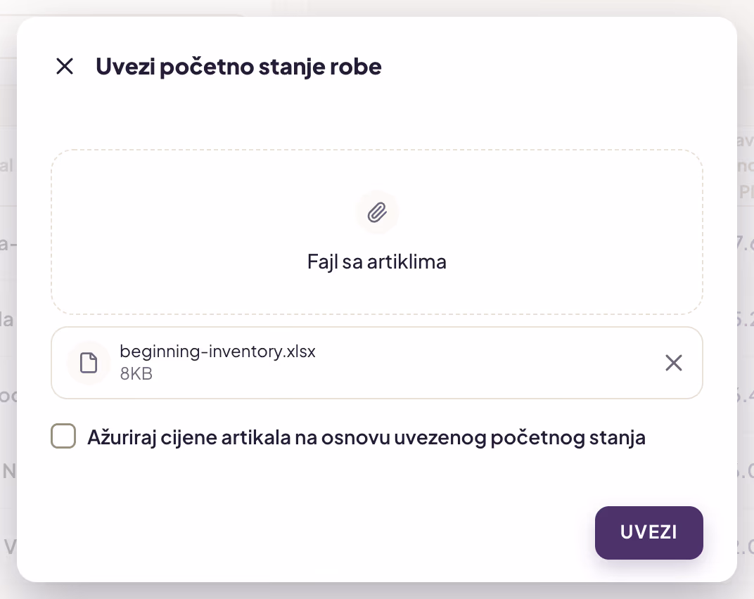 Prozor Uvezi početno stanje robe sa izabranim fajlom beginning-inventory.xlsx, opcijom za ažuriranje cijena i dugmetom UVEZI
