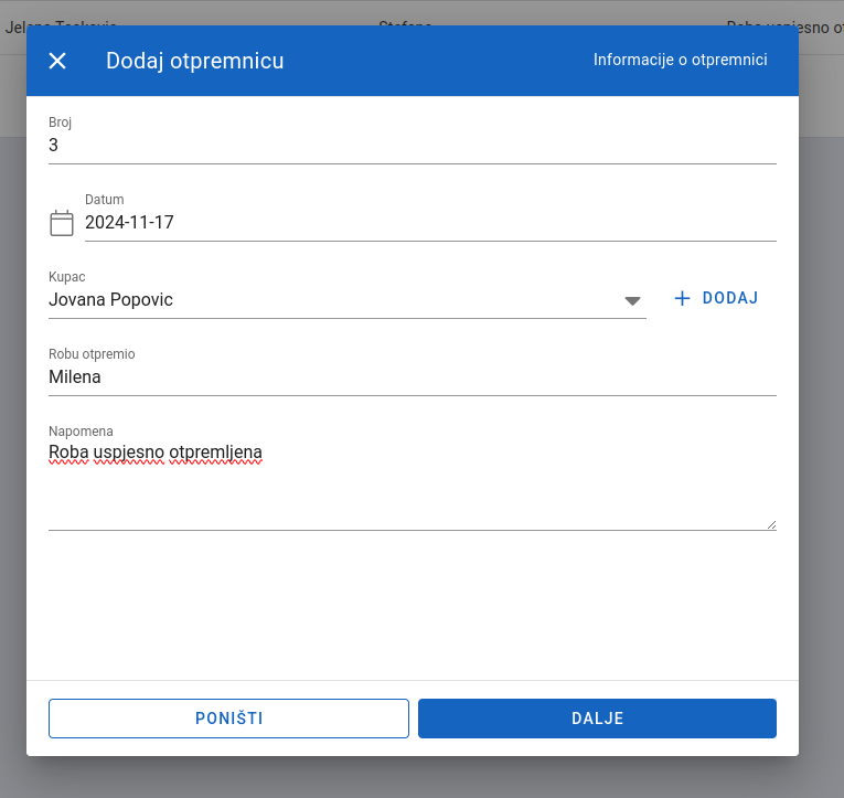 First part of add delivery-out note form