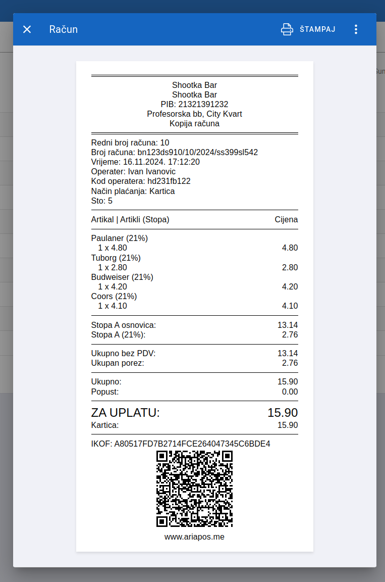 Receipt display