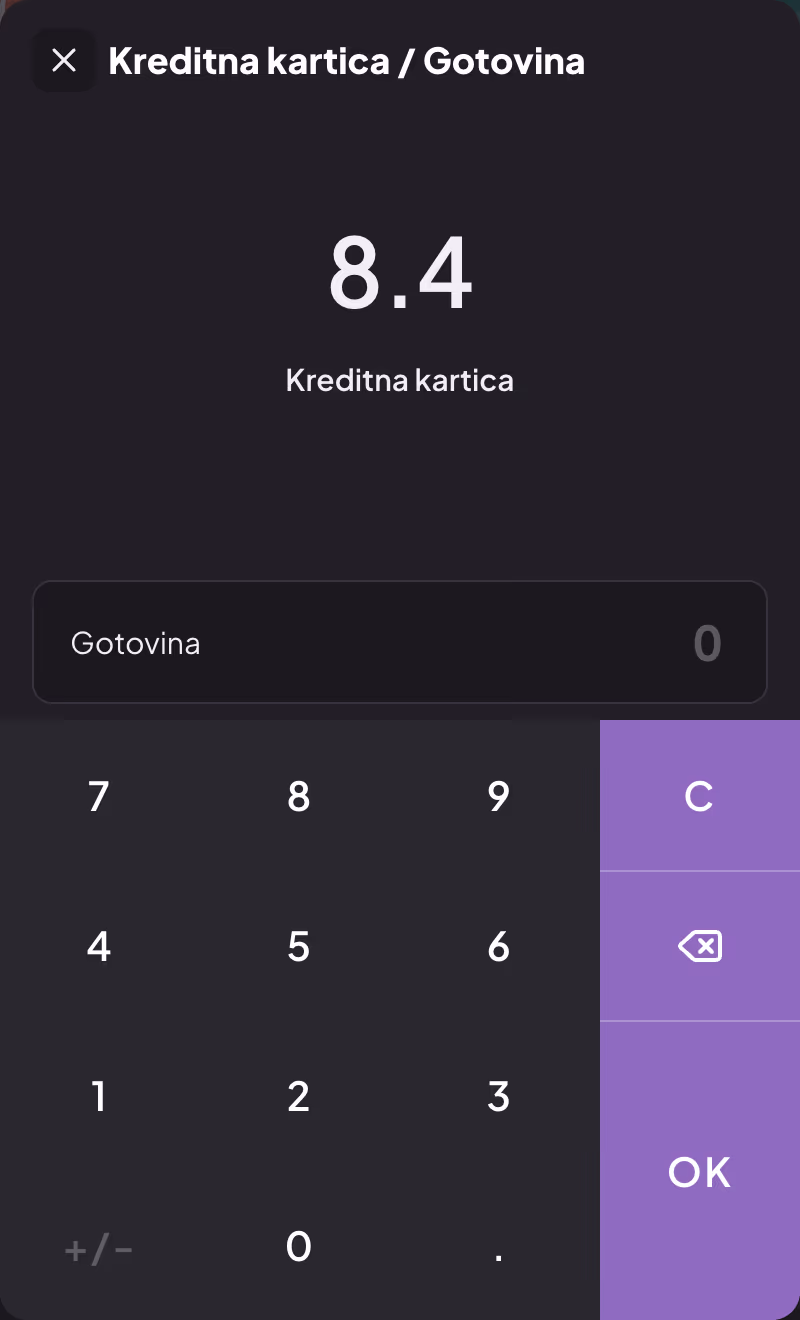Prozor Kreditna kartica / Gotovina sa podijeljenim iznosom između kartice i gotovine