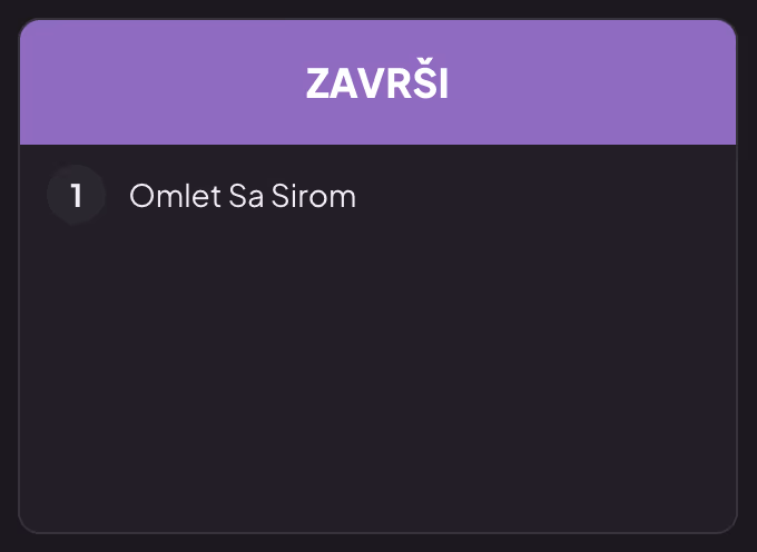 Kartica porudžbine sa dugmetom ZAVRŠI iznad stavki