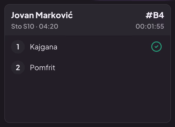 Kartica porudžbine sa kvačicom pored jedne gotove stavke