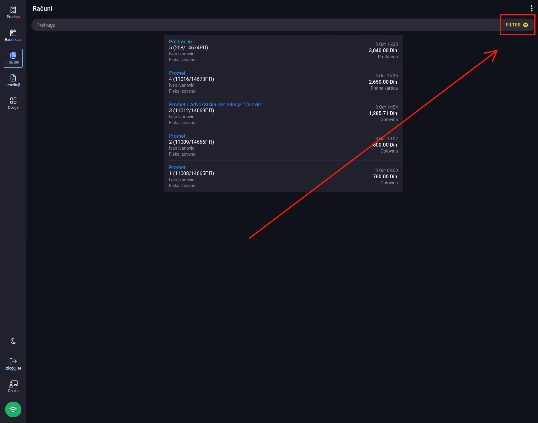 Filters button