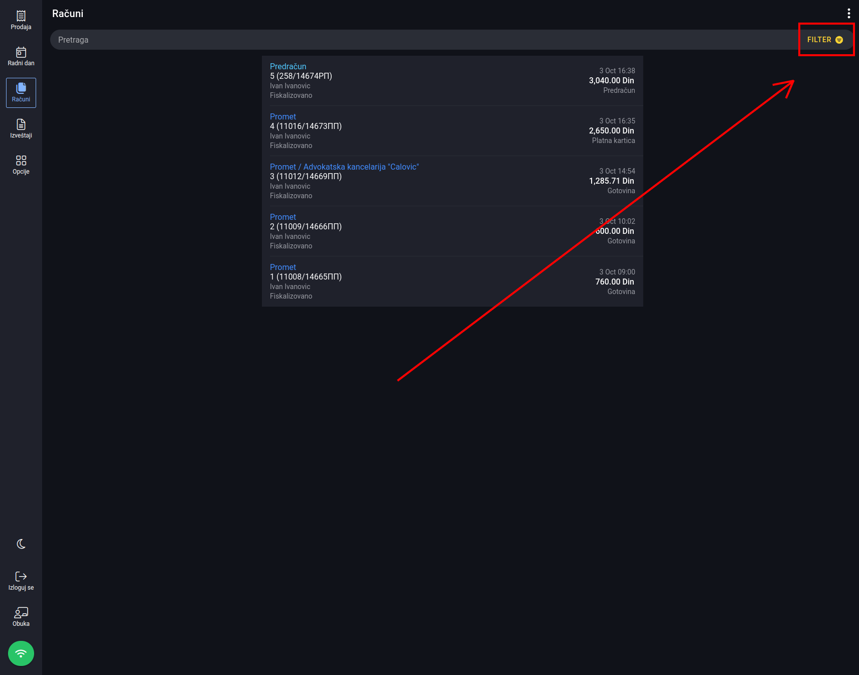 Filters button