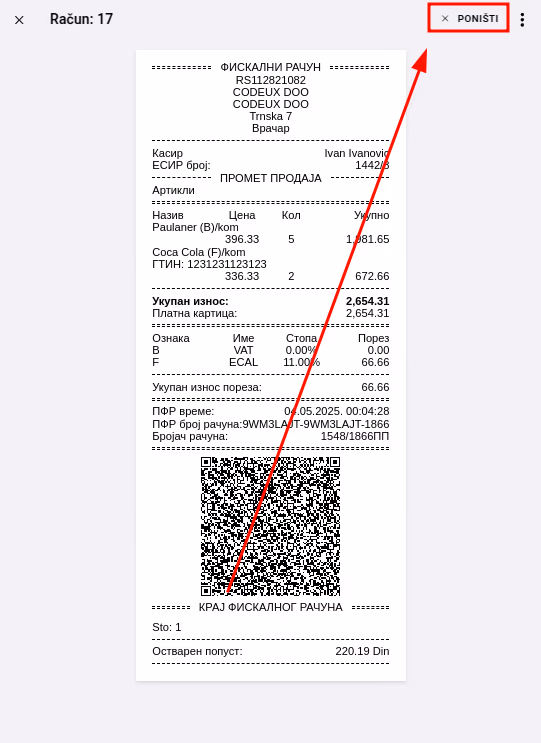 Receipt to cancel