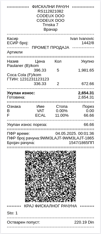 Receipt cash