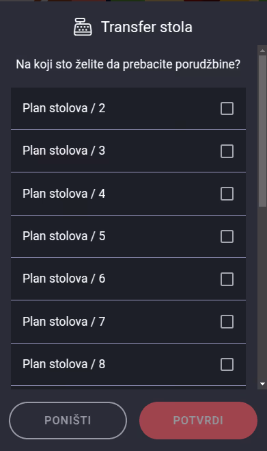 Selecting a table for the receipt transfer