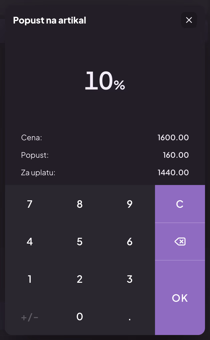 Prozor Popust na artikal sa 10 %, popustom od 160 i iznosom za uplatu od 1440 dinara