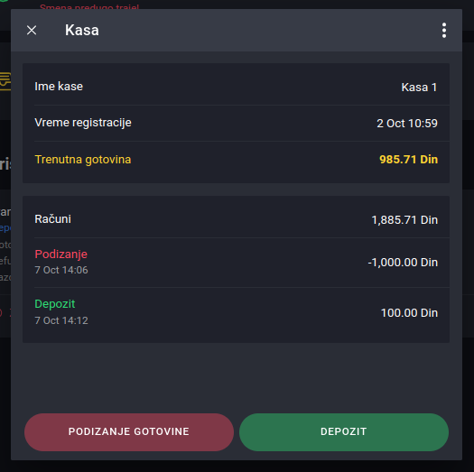 Cash register overview after deposit